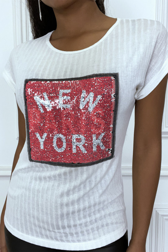 T-shirt blanc côtelé à sequin inscription NEW YORK - 1