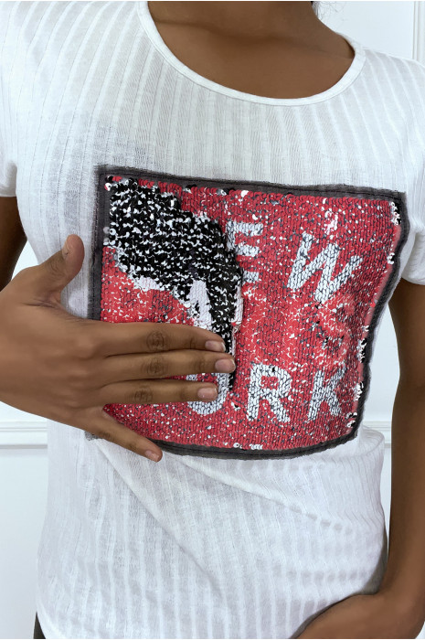 T-shirt blanc côtelé à sequin inscription NEW YORK - 2