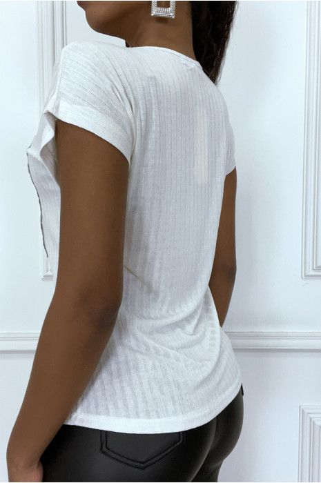 T-shirt blanc côtelé à sequin inscription NEW YORK - 3