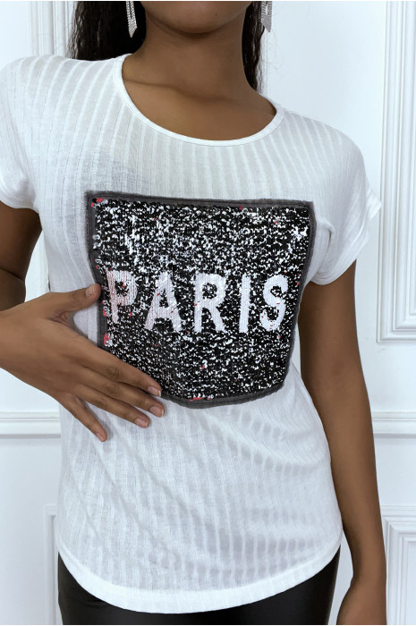 T-shirt blanc côtelé à sequin inscription NEW YORK - 4