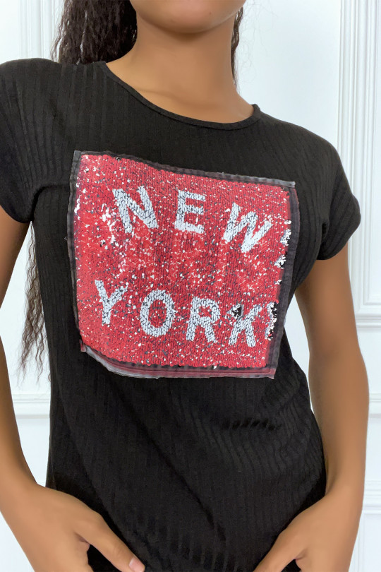T-shirt noir côtelé à sequin inscription NEW YORK - 1