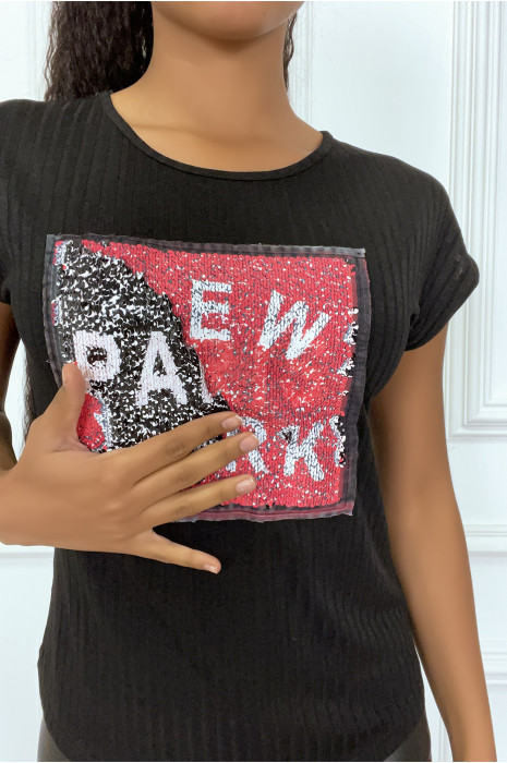T-shirt noir côtelé à sequin inscription NEW YORK - 2