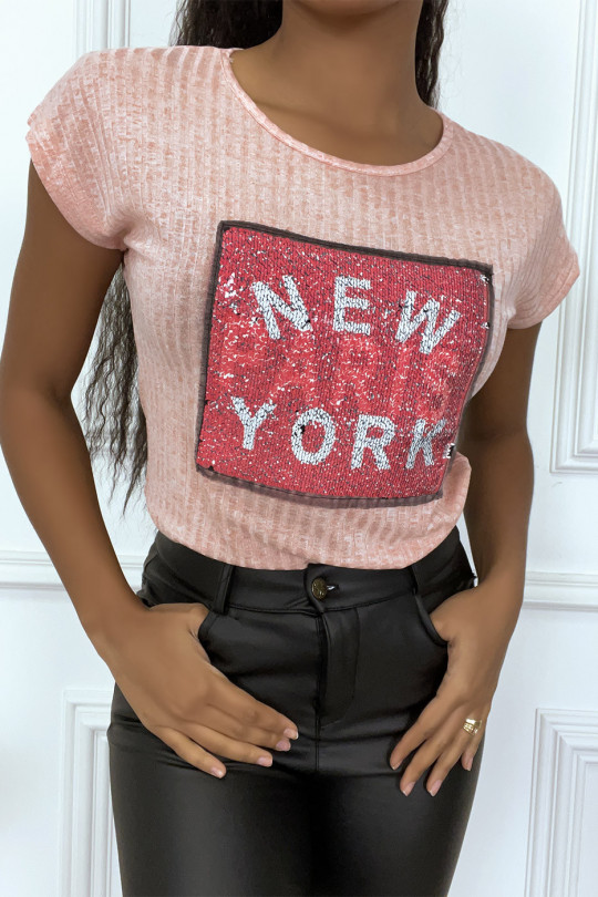 Roze geribbeld T-shirt met pailletten en NEW YORK-inscriptie - 1