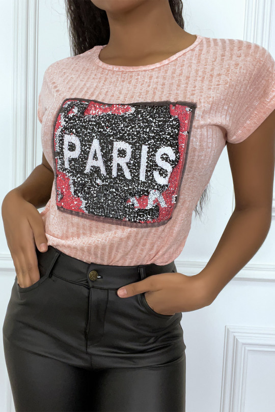 Roze geribbeld T-shirt met pailletten en NEW YORK-inscriptie - 2