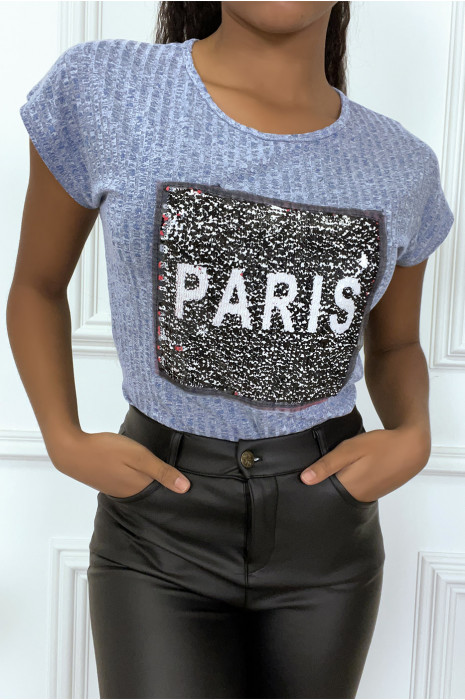 T-shirt bleu côtelé à sequin inscription NEW YORK - 1