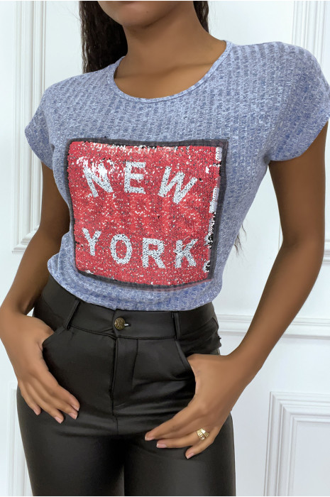 T-shirt bleu côtelé à sequin inscription NEW YORK - 2