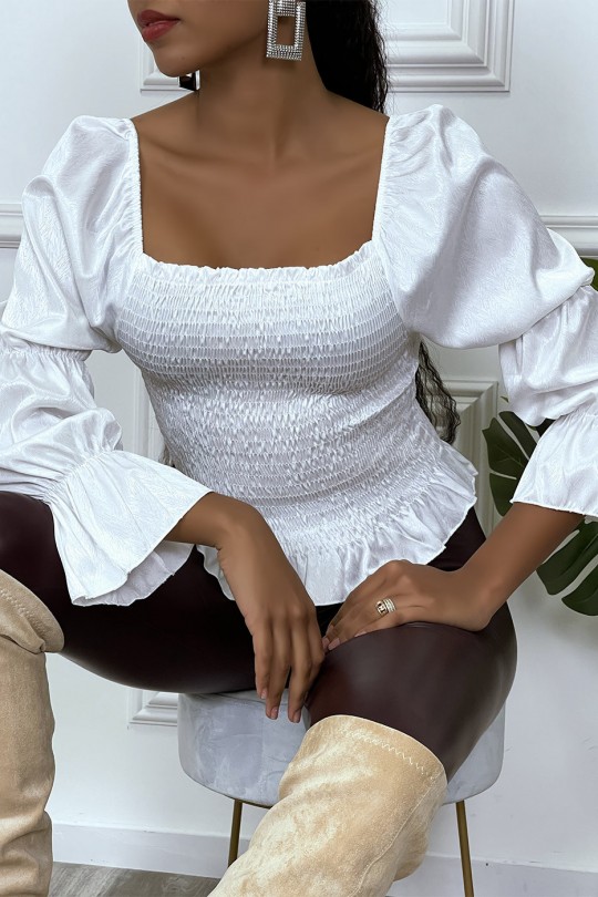 White gathered blouse with puff sleeves - 6