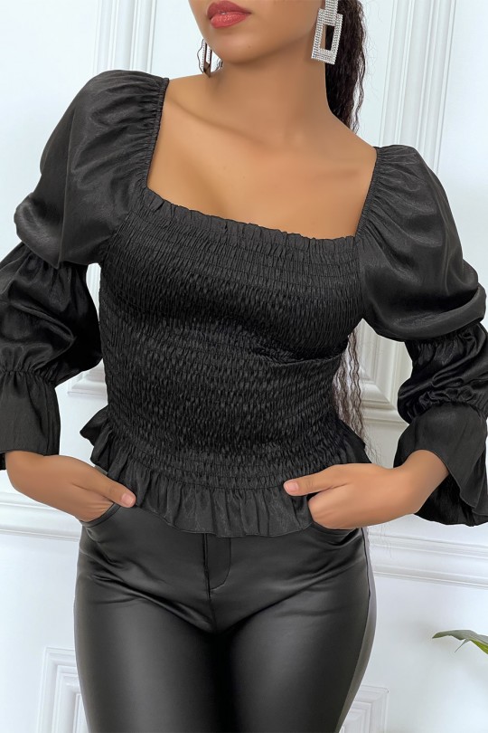 Black gathered blouse with puff sleeves - 1