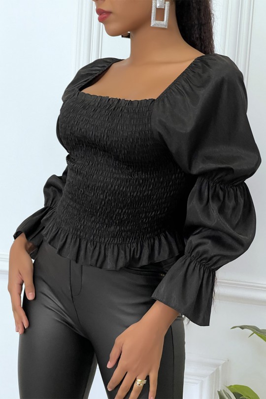 Zwarte gerimpelde blouse met pofmouwen - 2