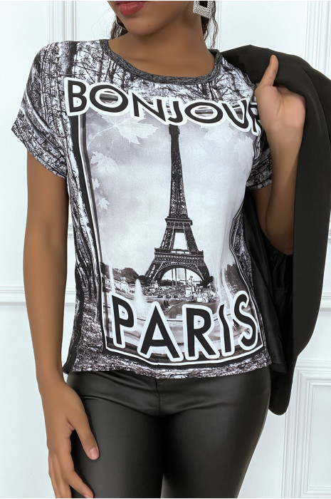 Black sheer patterned cap sleeve T-shirt - 1