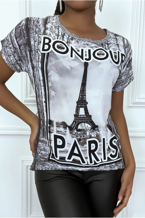 T-shirt gris en voilage à motif et mancheron - 1