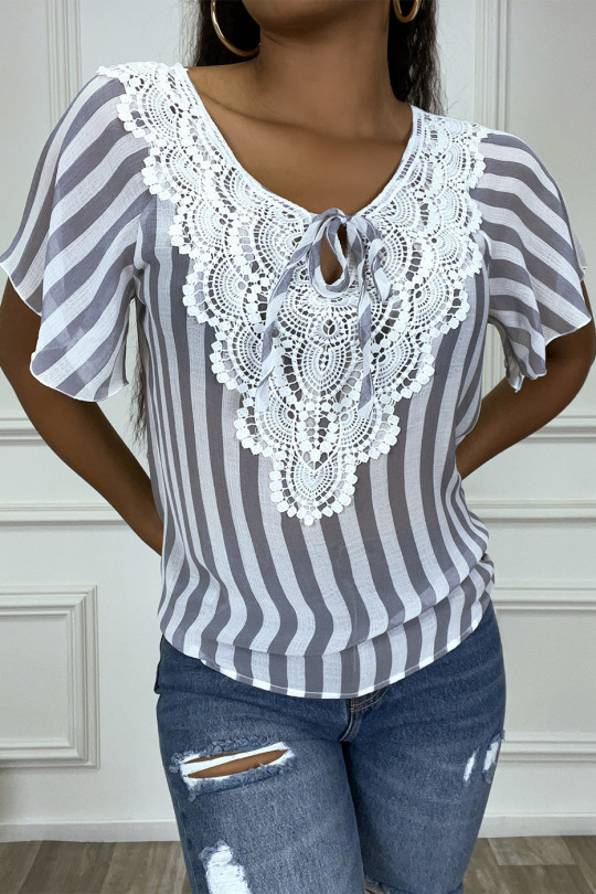 Blue striped and crochet sheer blouse - 1