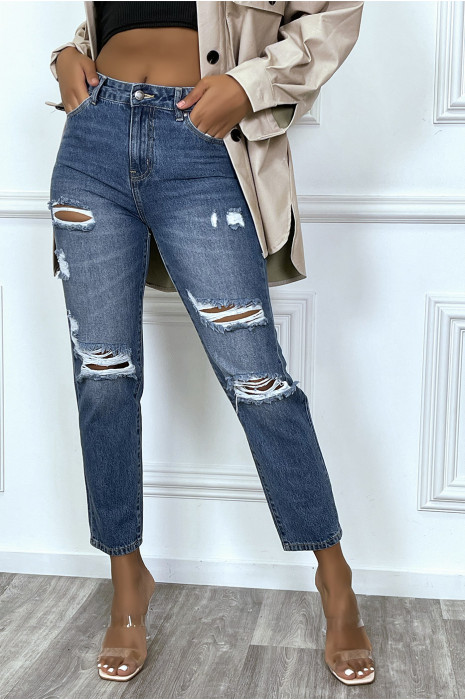 Jean bleu boyfriend troué à poches - 1