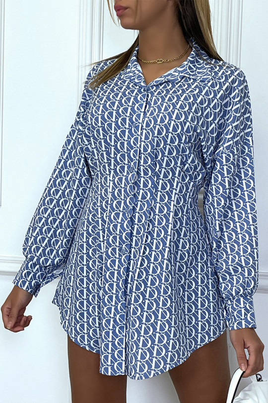 Chemise bleu cintre à la taille avec motif D - 1