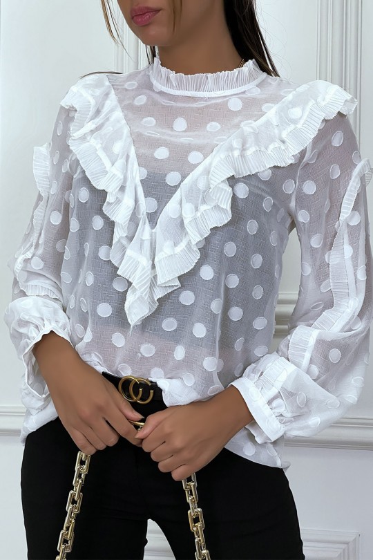 White blouse with ruffle and peacock collar dots - 1