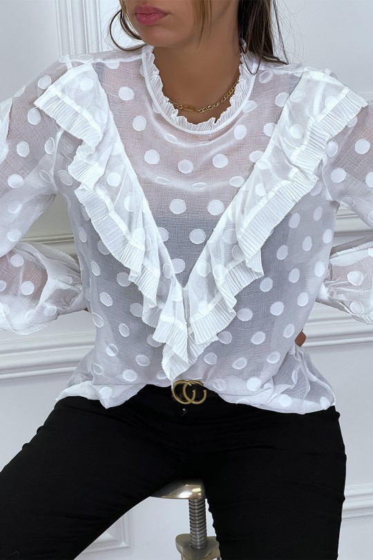 White blouse with ruffle and peacock collar dots - 3