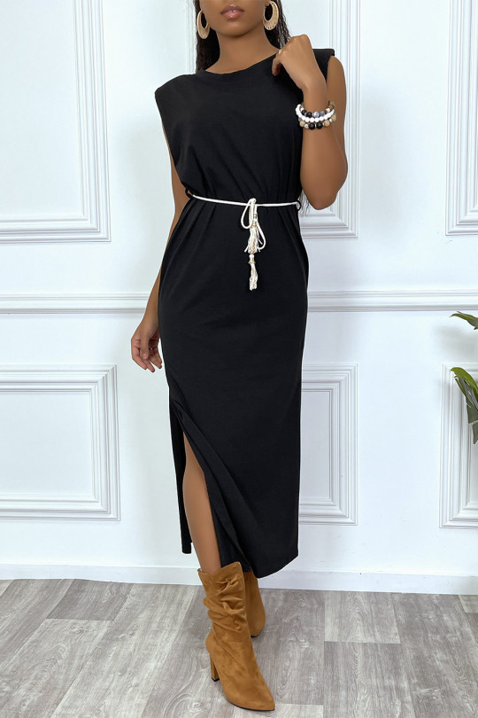 Zwarte lange jersey jurk met schoudervulling en split - 3