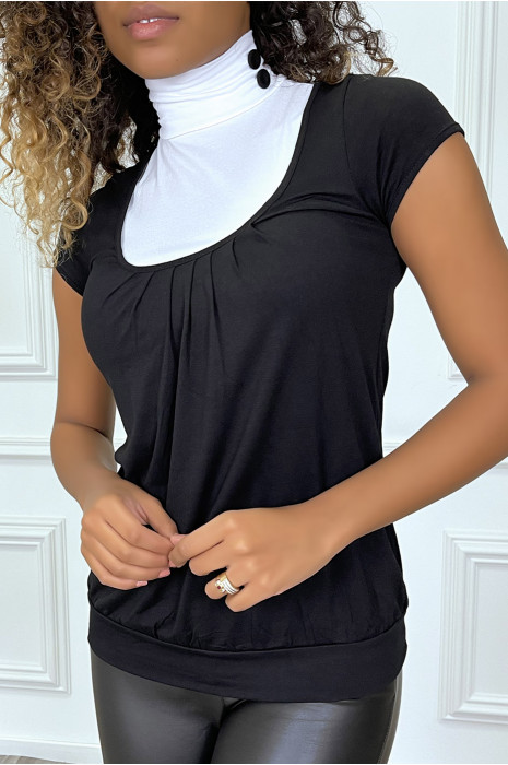 Top noir bicolore à col roulé et manches courtes - 1