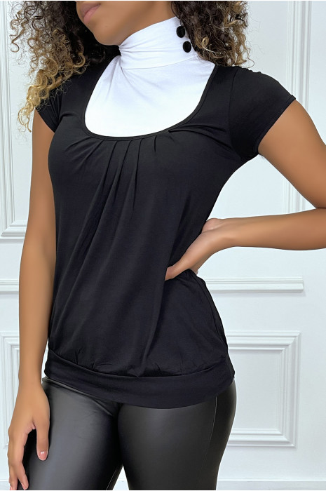 Top noir bicolore à col roulé et manches courtes - 2