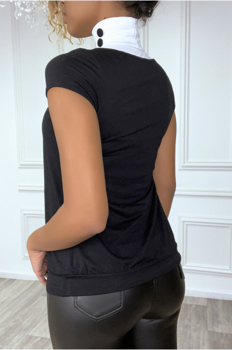 Top noir bicolore à col roulé et manches courtes - 3