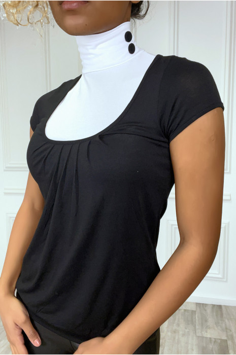 Top noir bicolore à col roulé et manches courtes - 4