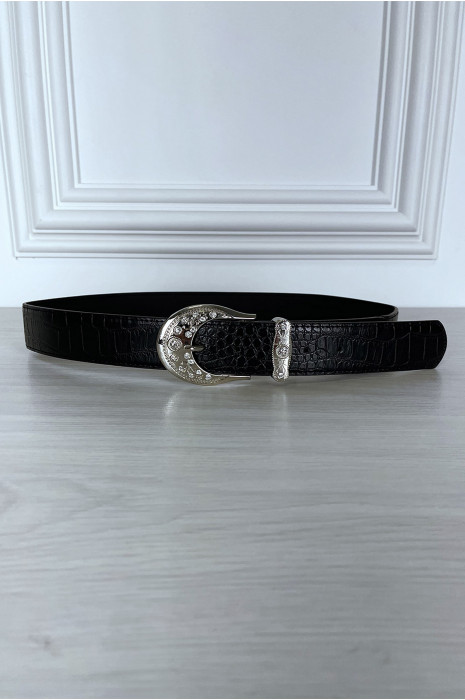 Ceinture noire effet reptile à boucle brillante