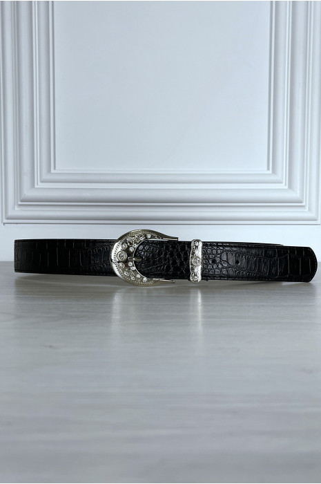 Ceinture noire effet reptile à boucle brillante