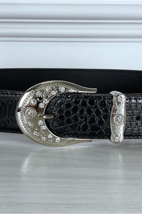 Ceinture noire effet reptile à boucle brillante