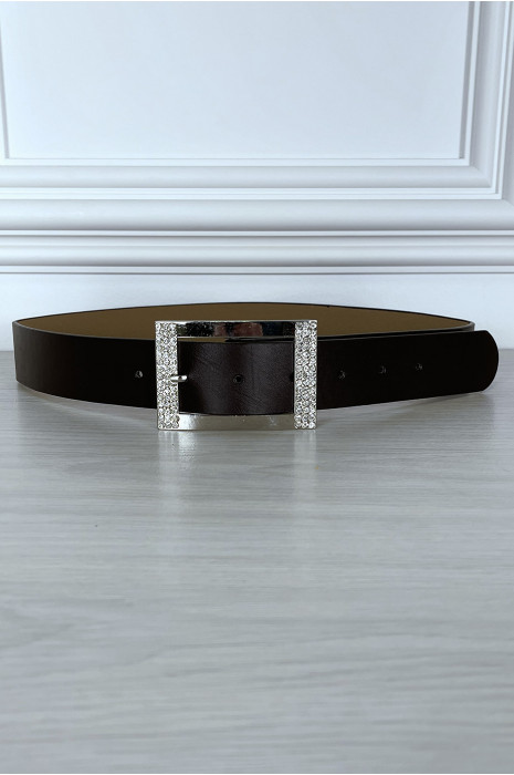 Ceinture simili marron avec boucle rectangle à strass