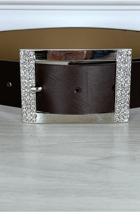 Ceinture simili marron avec boucle rectangle à strass