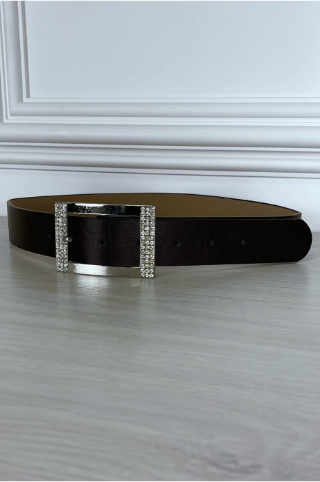 Ceinture simili marron avec boucle rectangle à strass