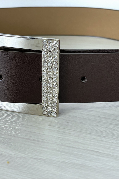 Ceinture simili marron avec boucle rectangle à strass