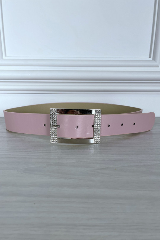 Pink faux belt with rhinestone rectangle buckle - 2