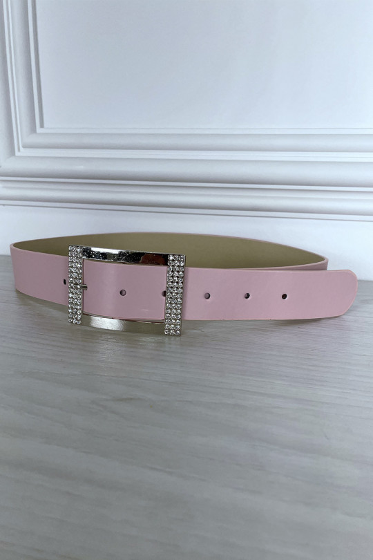 Pink faux belt with rhinestone rectangle buckle - 3