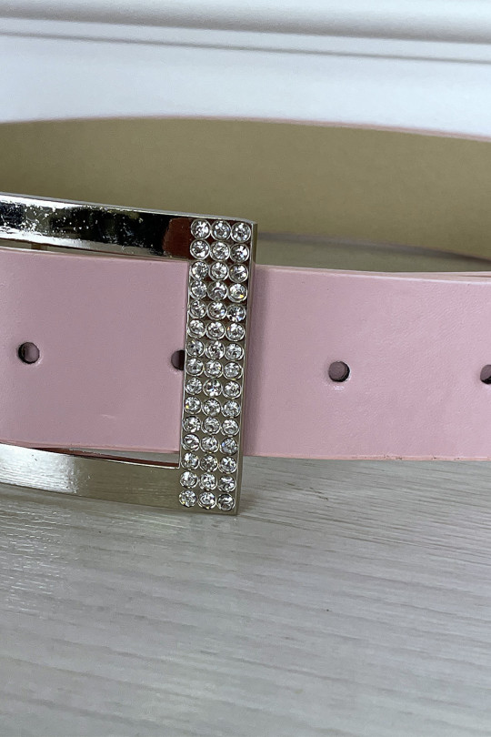 Pink faux belt with rhinestone rectangle buckle - 4