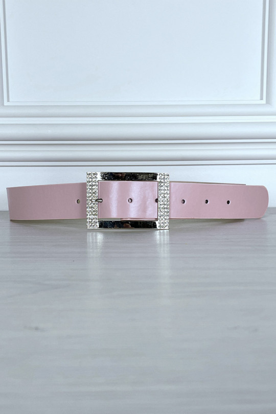 Pink faux belt with rhinestone rectangle buckle - 1