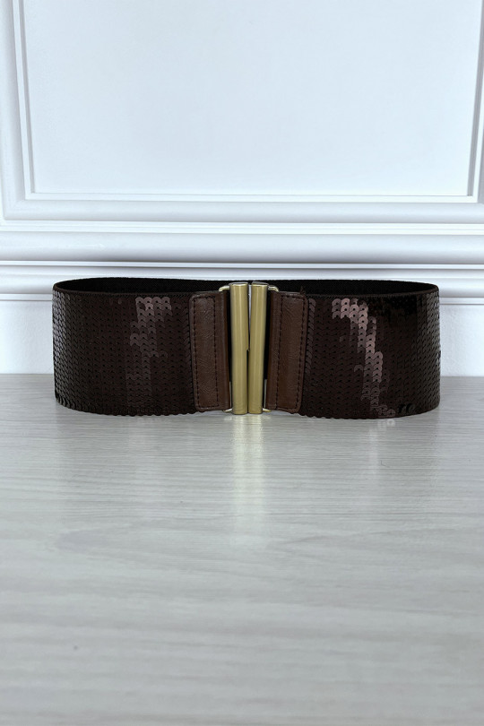 Brown elastic belt with sequins - 1