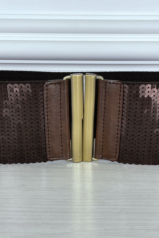 Brown elastic belt with sequins - 3