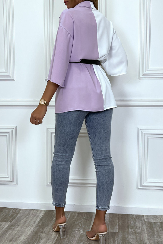 Lilac two-tone satin shirt with belt - 5