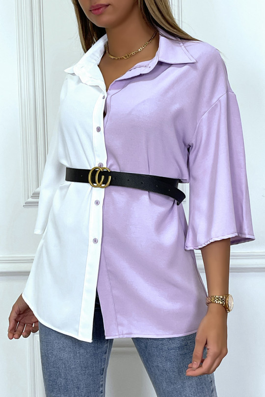 Lilac two-tone satin shirt with belt - 1