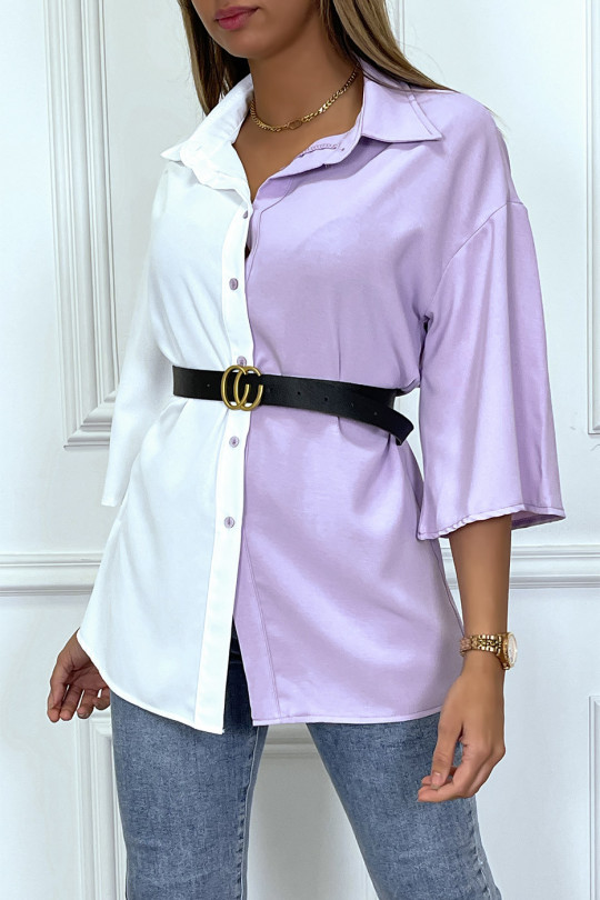 Lilac two-tone satin shirt with belt - 4