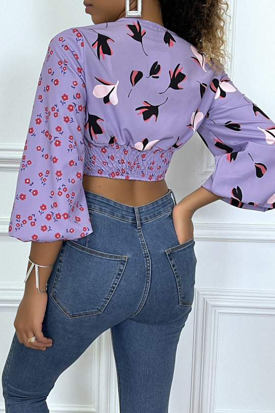 CrLC lilac top with floral pattern and plunging collar - 4
