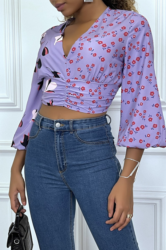 CrLC lilac top with floral pattern and plunging collar - 3