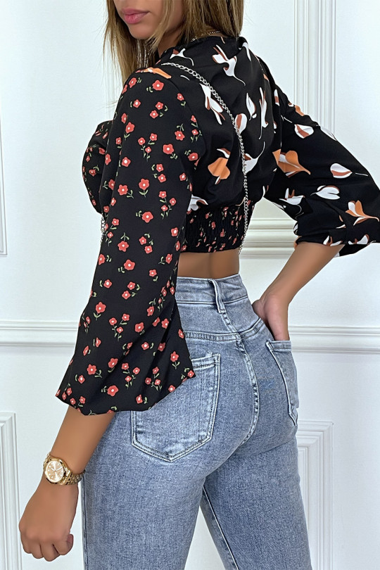 Black crop top with floral pattern and plunging neck - 4