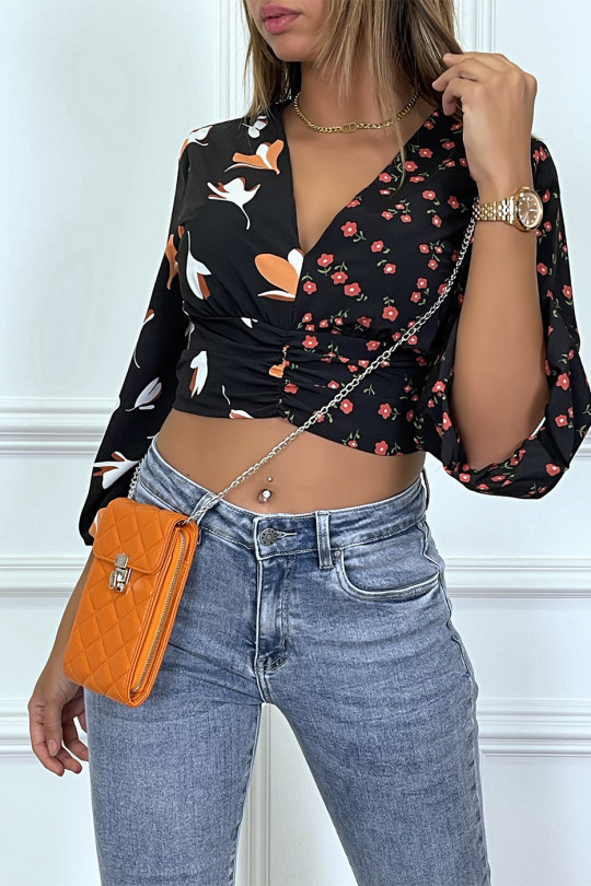 Black crop top with floral pattern and plunging neck - 1
