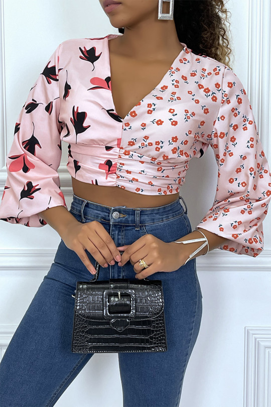 Pink crop top with floral pattern and plunging neck - 2
