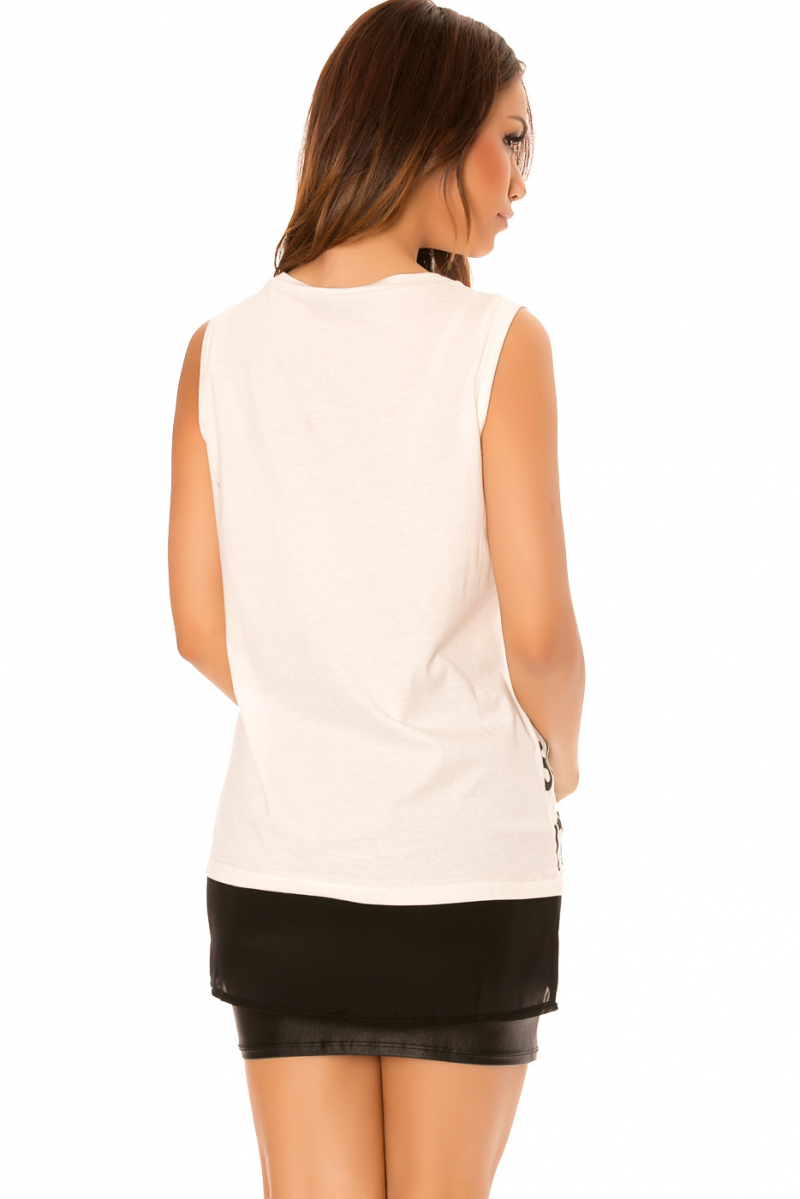 Top Blanc à col rond à motifs carré noire et écriture fashion. F2636 - 4
