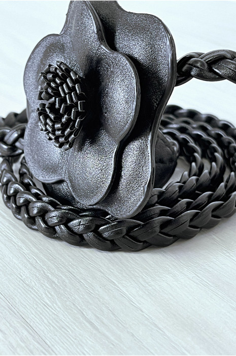 Black braided faux leather belt with flower - 2