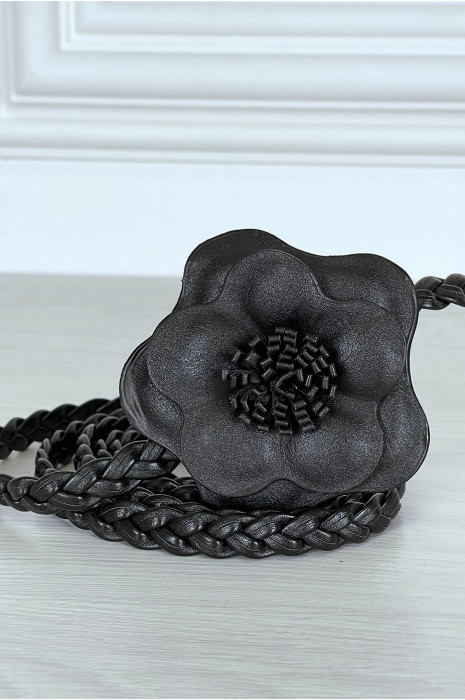 Ceinture tressée noire en simili avec fleur - 1