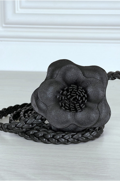 Vermaken rek Slordig Zwart gevlochten imitatieleren riem met bloem
